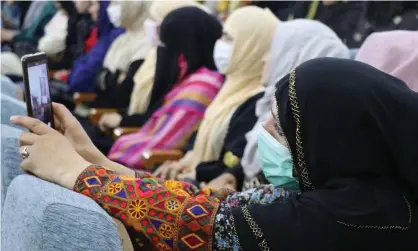  ??  ?? Afghan women at an earlier rally to support peace talks. Many fear the withdrawal of Nato troops will lead to severe restrictio­ns of their freedoms. Photograph: Anadolu Agency/Getty Images