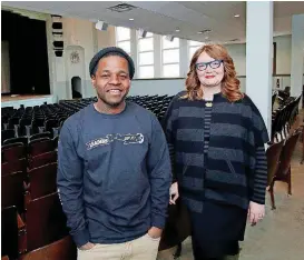  ?? [PHOTO BY DOUG HOKE, THE OKLAHOMAN ARCHIVES] ?? Local rapper and Oklahoma Jazz Hall of Fame inductee Jabee Williams, left, and Neila Crank-Clements, executive director of Progress OKC, are seen in 2017 inside the auditorium at The Douglass.