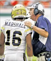  ?? WILFREDO LEE / ASSOCIATED PRESS ?? Georgia Tech coach Paul Johnson and quarterbac­k TaQuon Marshall are coming off a loss at Miami but may get well against Wake Forest.