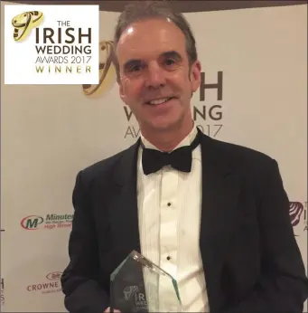  ??  ?? North East Marquees were voted best Marquee Wedding Company for the last two years in a row. Ciaran is pictured receiving an award at the Irish Wedding Awards which was held in the Crowne Plaza Airport Hotel in January 2018. North East Marquees /Marquee Weddings in Ireland won overall Wedding Specialist Supplier of the Year 2017.