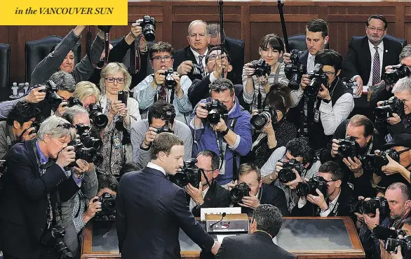  ?? CHIP SOMODEVILL­A / GETTY IMAGES ?? Facebook chairman and CEO Mark Zuckerberg arrives to testify before a combined Senate Judiciary and Commerce committee hearing in Washington Tuesday.