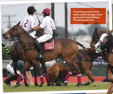  ?? ?? Prince Harry and his horse took a tumble during a recent game at the Santa Barbara Polo & Racquet Club.