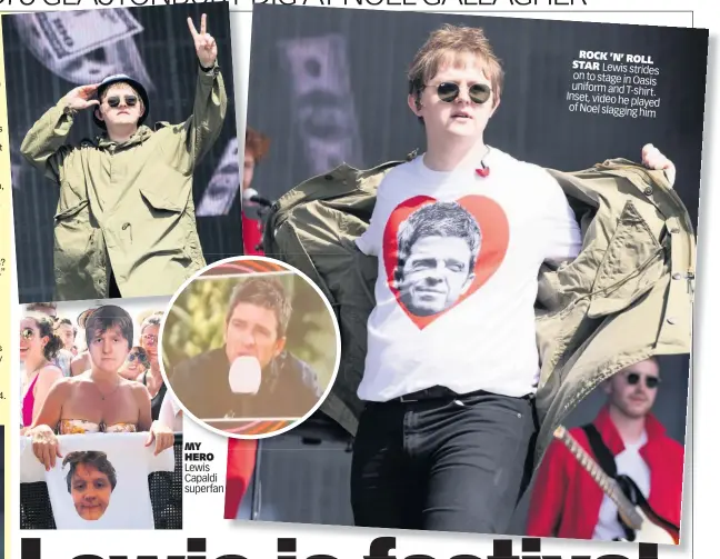  ??  ?? ROCK ’N’ ROLL STAR Lewis strides on to stage in Oasis uniform and T-shirt. Inset, video he played of Noel slagging him