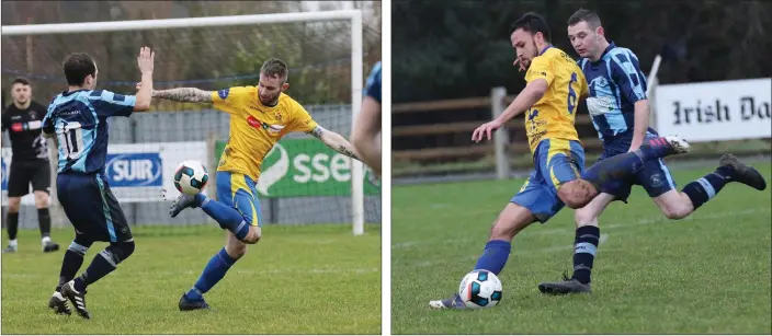  ??  ?? Decky Downes of North End United improvises to get the ball past David Somers of St. Mochta’s. Robin Dempsey of North End United is tracked by Carl Somers of St. Mochta’s.