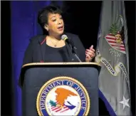  ?? Arkansas Democrat-Gazette/MITCHELL PE MASILUN ?? U.S. Attorney General Loretta Lynch gives her opening remarks Monday at the start of the Justice Department’s Violence Reduction Network Fall Summit at the Statehouse Convention Center in Little Rock.