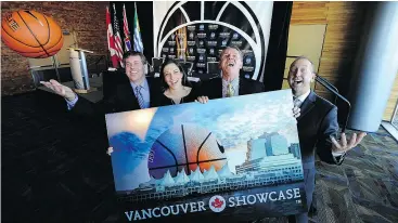  ?? MARK VAN MANEN/PNG ?? From left, organizer David Munro, Michelle Collens of Sports Hosting Vancouver, organizer Howard Kelsey and Brooks Downing, president of BD Global Marketing, celebrate the news that NCAA basketball is coming to Vancouver.