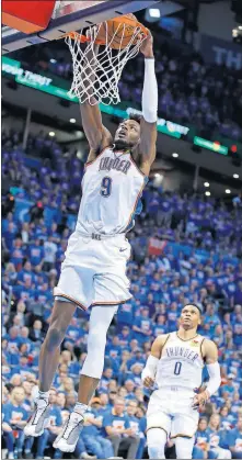  ?? [SARAH PHIPPS/THE OKLAHOMAN] ?? Oklahoma City's Jerami Grant dunks the ball during Game 4 on Sunday in the first round of a Western Conference playoff series vs. Portland. OKC trails the series 3-1 after the Trail Blazers' 111-98 victory at Chesapeake Energy Arena.