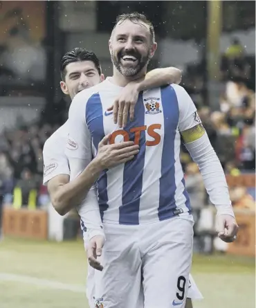  ??  ?? Kris Boyd celebrates scoring another goal for Kilmarnock, and is now aiming for number 218.