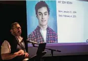  ?? Jarret Liotta/Contribued Photo ?? Jim Kuczo of Fairfield talks about his son, Kevin, during the event called “A Real Conversati­on About Mental Health,” presented at the Trackside Teen Center on Feb. 13.