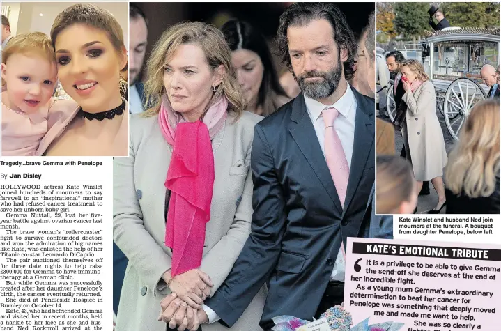  ??  ?? Tragedy...brave Gemma with Penelope Kate Winslet and husband Ned join mourners at the funeral. A bouquet from daughter Penelope, below left