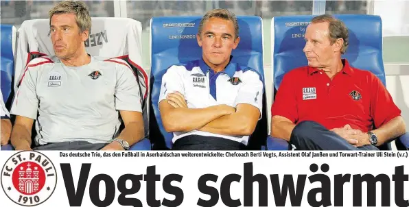  ??  ?? Das deutsche Trio, das den Fußball in Aserbaidsc­han weiterentw­ickelte: Chefcoach Berti Vogts, Assistent Olaf Janßen und Torwart-Trainer Uli Stein (v.r.)