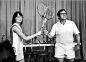  ?? MPAA rating: Running time: FOX SEARCHLIGH­T ?? Emma Stone as Billie Jean King crosses rackets with Steve Carell portraying Bobby Riggs in “Battle of the Sexes.”
PG-13 (for some sexual content and partial nudity) 2:01