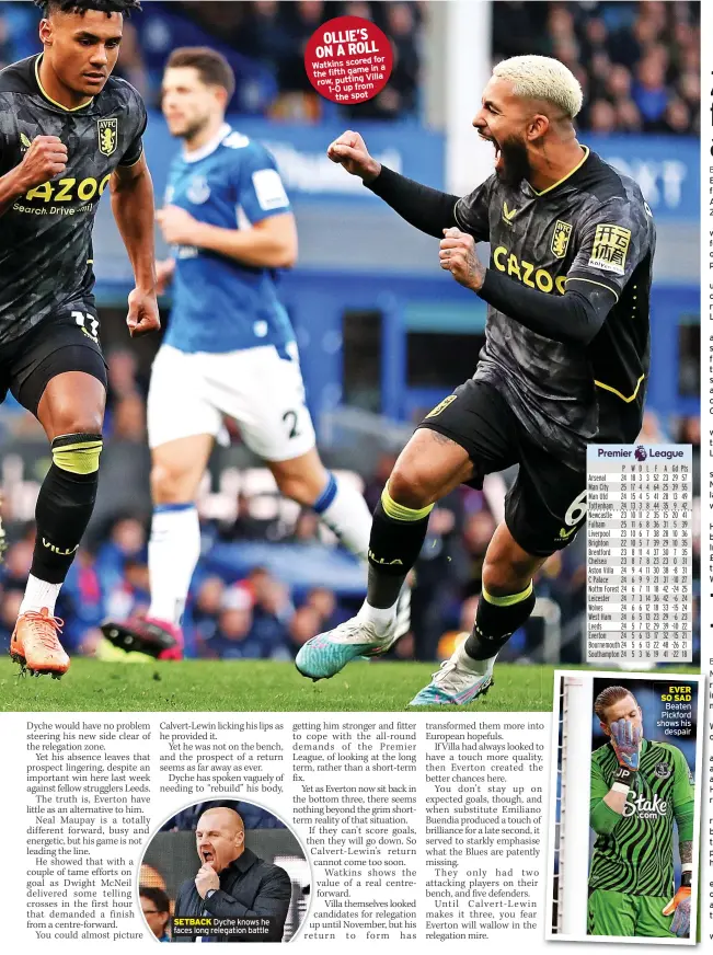  ?? ?? SETBACK Dyche knows he faces long relegation battle
OLLIE’S ON A ROLL
for Watkins scored
in a the fifth game
Villa row, putting
1-0 up from
the spot
EVER SO SAD Beaten Pickford shows his
despair