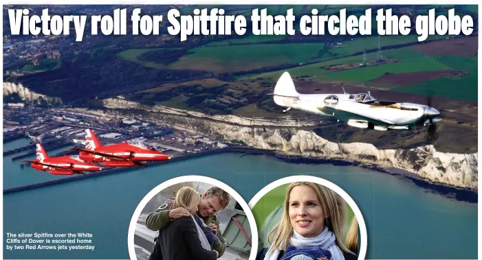  ??  ?? The silver Spitfire over the White Cliffs of Dover is escorted home by two Red Arrows jets yesterday