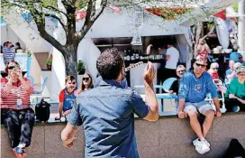  ??  ?? Matt Baker, the official street performer for the 2018 Festival of the Arts, performs a balancing routine in Bicentenni­al Park on Friday. Baker holds a stick in his mouth with an inflated balloon and an inverted vase on top of the plank. He pops the...