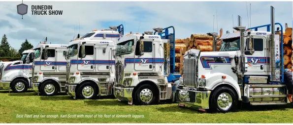  ??  ?? Best Fleet and fair enough. Karl Scott with most of his fleet of Kenworth loggers.