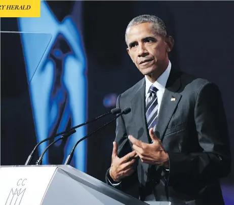 ?? PAUL CHIASSON / THE CANADIAN PRESS ?? It is dangerous to doubt democracy, even though it has its flaws, former U.S. president Barack Obama told an enthusiast­ic Montreal crowd Tuesday.