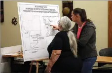  ?? MEGAN DAVIS/MCDONALD COUNTY PRESS ?? Joyce Britton and Melissa Lance, with the Southwest City Senior Center board of directors, review a map outlining proposed water system improvemen­ts during Anderson Engineerin­g’s public hearing on Thursday, Nov. 14.