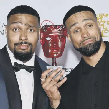  ??  ?? 0 Jordan and Ashley Banjo after winning the Virgin Media's Must-see Moment award at the Baftas last night. Above left: Reece Shearsmith poses with his Scripted Comedy award for 'Inside No.9'