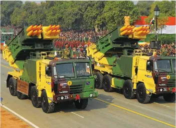  ??  ?? Pinaka 214MM multi-barrel rocket launcher system developed by DRDO