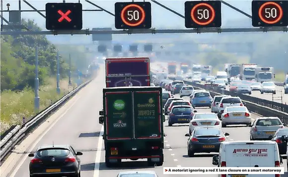  ?? ?? A motorist ignoring a red X lane closure on a smart motorway