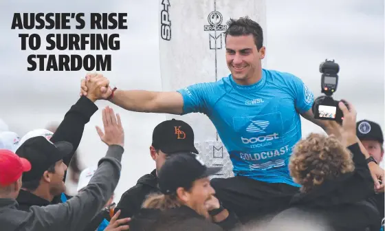  ?? ?? Australia’s Callum Robson celebrates with the crowd after winning the Gold Coast Pro at Snapper Rocks yesterday. Picture: Getty Images