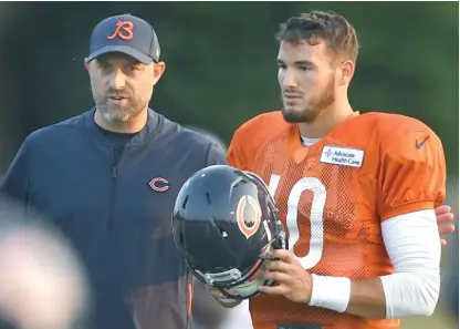  ?? BRIAN O’MAHONEY/FOR THE SUN-TIMES ?? New coach Matt Nagy’s grooming of QB Mitch Trubisky represents a change in the winds for the Bears.