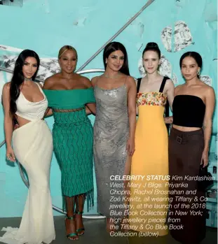  ??  ?? CELEBRITY STATUS Kim Kardashian West, Mary J Blige, Priyanka Chopra, Rachel Brosnahan and Zoë Kravitz, all wearing Tiffany &amp; Co jewellery, at the launch of the 2018 Blue Book Collection in New York; high jewellery pieces from the Tiffany &amp; Co Blue Book Collection (below)