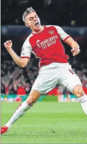  ?? AFP ?? Arsenal's Leandro Trossard celebrates after scoring against Bayern Munich in north London on Tuesday.