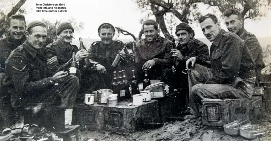  ??  ?? John Christense­n, third from left, and his mates take time out for a drink.