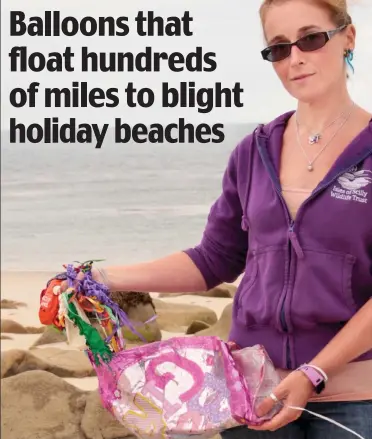  ??  ?? Seaside pollution: Nikki Banfield with some of the balloons found on Scilly’s beaches