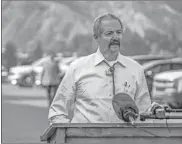  ?? AP-Chris Dillmann, File ?? William Perry Pendley, acting director of the Bureau of Land Management, speaks to the media on the Grizzly Creek Fire in Eagle, Colo. A federal judge has ruled that the Trump administra­tion’s leading steward of public lands has been serving unlawfully and blocked him from continuing in the position.