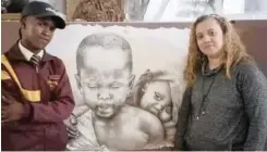  ??  ?? COHNWILLE Swarts, 18, and his teacher, Celeste Arendse, with one of his artworks.