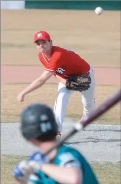  ?? NEWS PHOTO SEAN ROONEY ?? McCoy Colts pitcher Jayden Schwindt delivers to the Eagle Butte Talons during a high school baseball game at Athletic Park Tuesday.