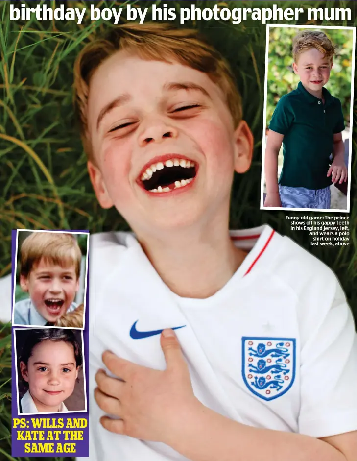  ??  ?? Funny old game: The prince shows off his gappy teeth in his England jersey, left, and wears a polo shirt on holiday last week, above