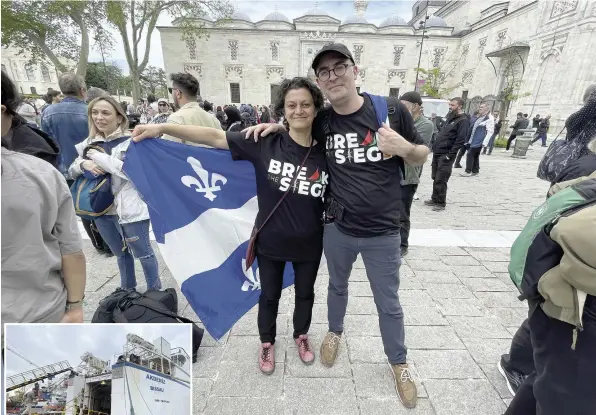  ?? PHOTOS FOURNIES PAR JEAN-PIERRE VALDEBENIT­O ET FREEDOM FLOTILLA COALITION ?? L’infirmier Jean-Pierre Valdebenit­o et l’épidémiolo­giste Nimâ Machouf prenaient la pose avant d’embarquer à bord de la Flottille pour Gaza, en Turquie, hier. Ci-contre, le navire sur lequel ils se trouvaient en compagnie d’autres humanitair­es pour aller livrer des denrées à Gaza.