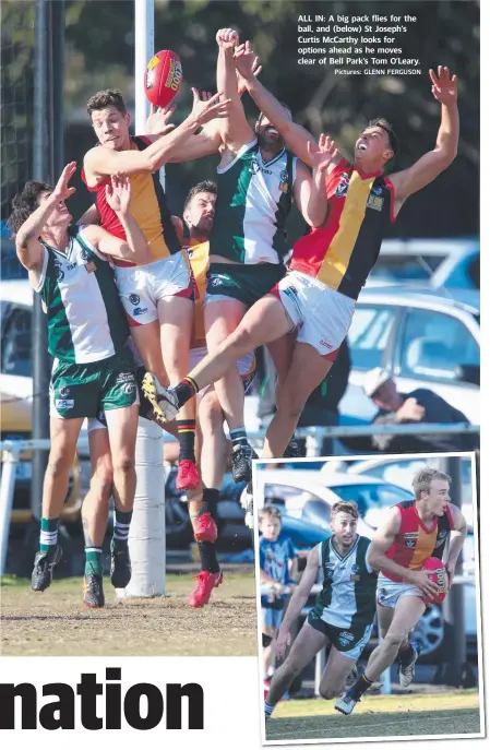  ?? Pictures: GLENN FERGUSON ?? ALL IN: A big pack flies for the ball, and (below) St Joseph’s Curtis McCarthy looks for options ahead as he moves clear of Bell Park’s Tom O’Leary.