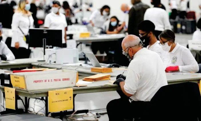  ?? Photograph: Jeff Kowalsky/AFP/Getty Images ?? Detroit election workers count absentee ballots in November 2020.