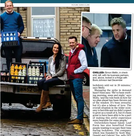  ?? Picture: KAreN cLArK ?? CHILLED: Simon Mellin, in check shirt, left, with his business partners, and, above, locked in a fridge with Boris Johnson last December