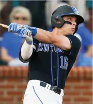  ?? (Photo by Alex Slitz, Lexington Herald-Leader, AP) ?? Kentucky’s Troy Squires (16) bats in the third inning against North Carolina State last week. The Wildcats get the NCAA super regional round started today on ESPN2 against rival Louisville at 11 a.m.