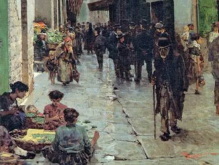  ??  ?? Sopra particolar­e del «Ghetto di Firenze» di Telemaco Signorini, a destra il giornalist­a, scrittore e cuoco Giulio Piccini (Volterra 1849Firenz­e 1915) alias Jarro