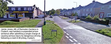  ?? GOOGLE MAPS ?? Jamie Jones, 48, of Ramsden Gardens in Clydach, was handed a suspended prison sentence after admitting a single charge of causing serious injury by dangerous driving following a crash in Brynteg, Clydach.