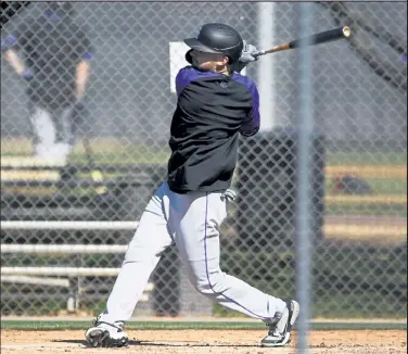  ?? Andy Cross / The Denver Post ?? Rockies outfielder Sam Hilliard takes batting practice Thursday at Salt River Fields at Talking Stick in Scottsdale, Ariz.