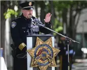  ?? ?? Vacaville Chief of Police Ian Schmutzler talks about taking the I out of illness and replacing it with we for wellness during his address Wednesday at the Solano County's 34th Peace Officers Memorial Service in Fairfield.