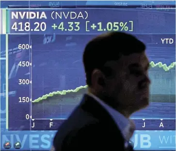  ?? Reuters/Brendan McDermid ?? Silly numbers: A trader described the growth in chip-marker Nvidia ’ s stock as ‘ mind-boggling ’ . /