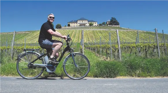  ?? GLACIER MEDIA PHOTO BY CLAUDIA LEWERENZ ?? Reporter Steve MacNaull cycled through Rheingau’s vineyards on an e-bike.