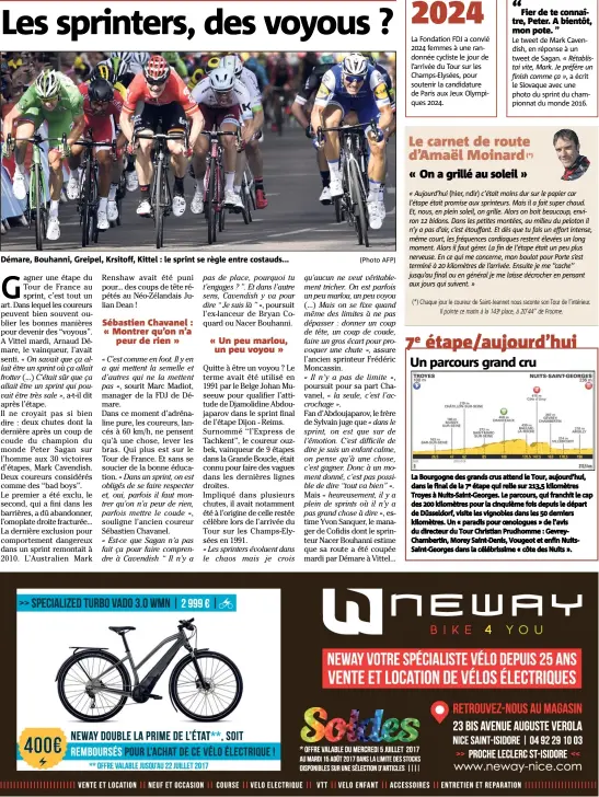  ?? (Photo AFP) le Slovaque avec une photo du sprint du championna­t du monde . ?? Démare, Bouhanni, Greipel, Krsitoff, Kittel : le sprint se règle entre costauds...