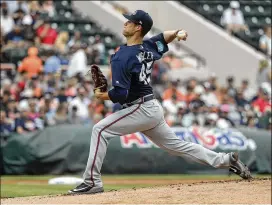  ?? JOHN RAOUX PHOTOS / AP ?? Matt Wisler, trying to earn a spot in the Braves’ starting rotation, gave up five hits and four runs in three innings Sunday against the Detroit Tigers.