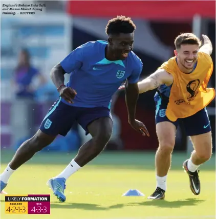  ?? ENGLAND USA ?? England’s Bukayo Saka (left) and Mason Mount during training. — reuters
LIKELY FORMATION 4-2-1-3