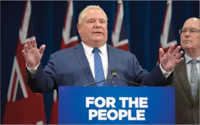  ?? The Canadian Press ?? Ontario Premier Doug Ford speaks to reporters with MPP Steve Clark, minister of municipal affairs and housing, on Monday.